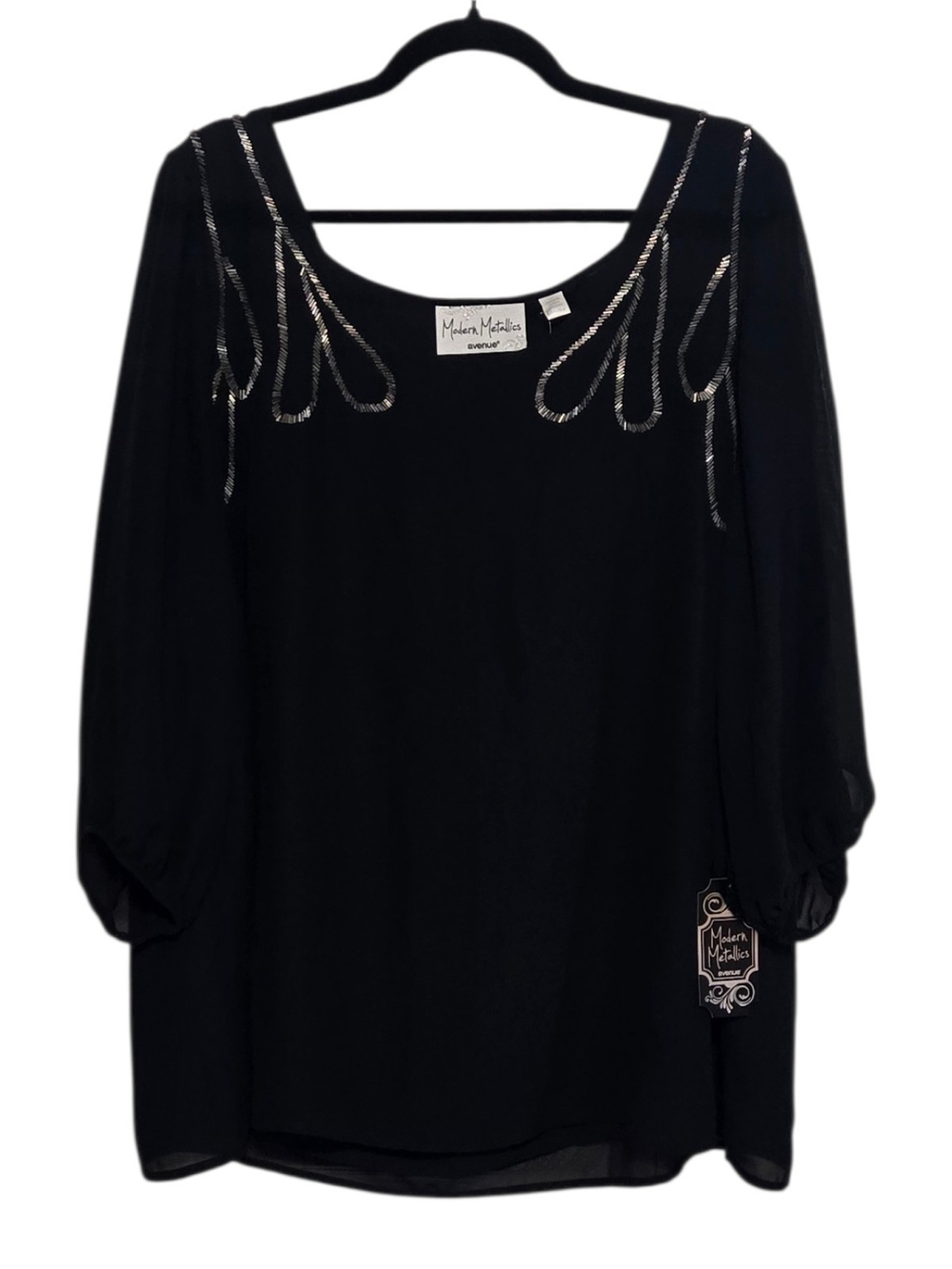 Black Scoop Neck Blouse with Silver Beaded Shoulder Detail